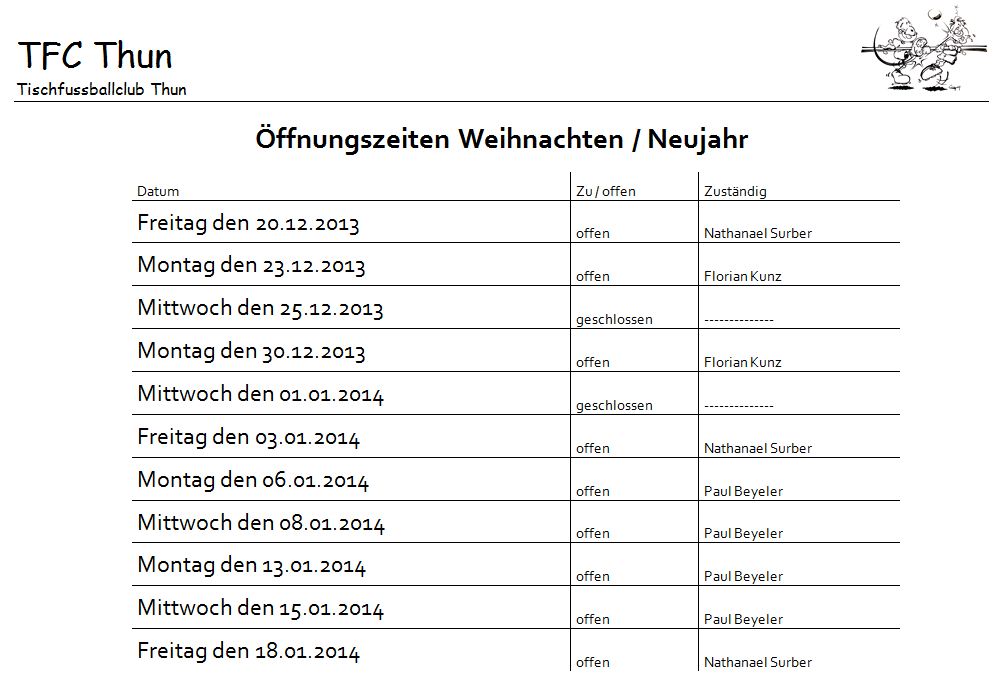 Öffnungszeiten über Weihnachten / Neujahr - TFC-Thun